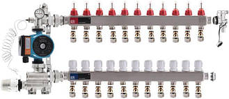 Колектор для теплої підлоги EUROPRODUCT на 11 контури нижній комплект з насосом (латунь)