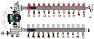 Колектор для теплої підлоги EUROPRODUCT на 12 контури нижній комплект з насосом (латунь)