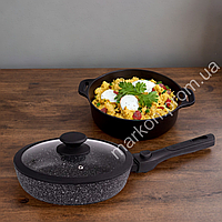 Сковорода с крышкой и антипригарным гранитным покрытием 22 см, глубокая сковородка со съемной ручкой для кухни