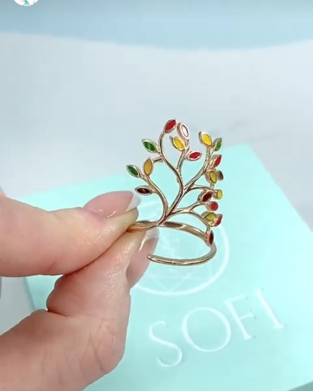 Велика каблучка срібна жіноча з кольоровою емаллю позолочена "Дерево" Незвичайний перстень зі срібла 925, фото 1