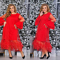 Вечернее роскошное красное платье длинное с сеткой большие размеры