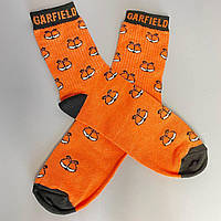 Мужские носки высокие трикотажные весна-осень оранжевые с мультяшным принтом Garfield 1 пара 40-45 КМ укр