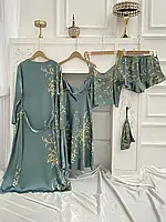 Атласний комплект білизни для сну, халат, пеньюар і піжама з шортами