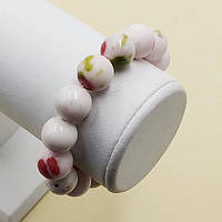 Браслет агат 14 мм білий із салатовим і бордовим на гумці