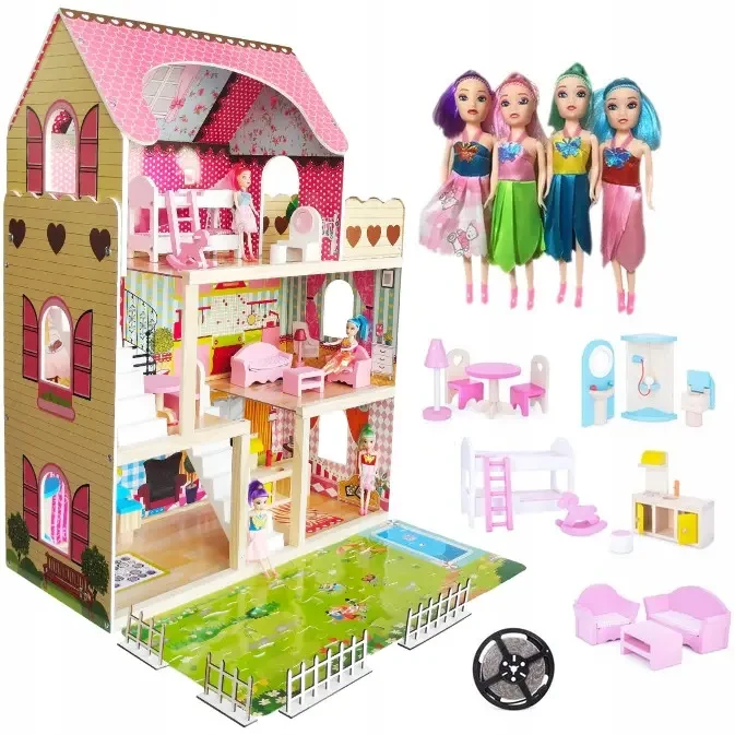 Іграшковий ляльковий будиночок + лед освітлення+4 ляльки в подарунок+ меблі