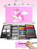 Набір для дитячої творчості та малювання 145 предметів юний художник в алюмінієвій валізі єдиноріг Рожевий, фото 2