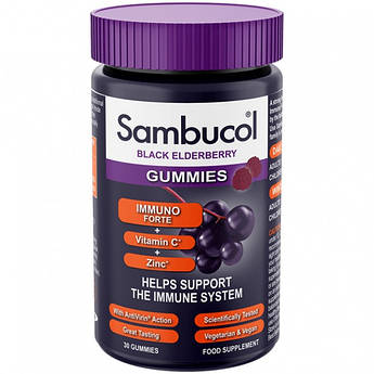 Чорна бузина Вітамін С та Цинк Sambucol Immuno Forte Gummies для дорослих та дітей від 12 років 30 желеек