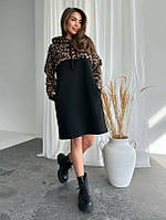 Тепла сукня прямого крою на флісі з капюшоном 42-52 розміри чорна з леопардовою вставкою