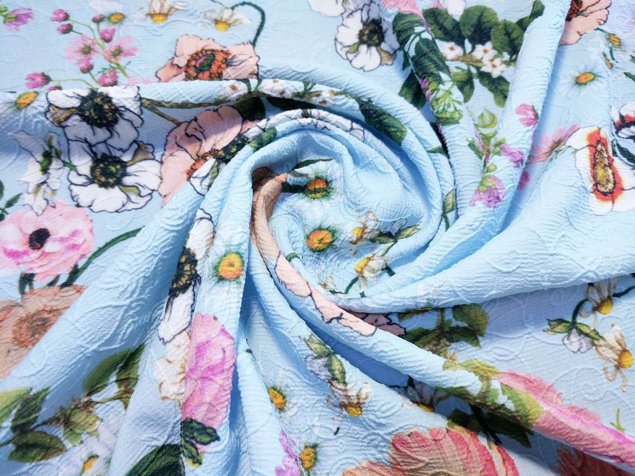 Жаккард креповий малюнок квітковий сад, блакитний