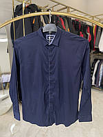 Мужская темно-синяя шелковая рубашка с длинным рукавом 7XL 16176 большие размеры (батал)