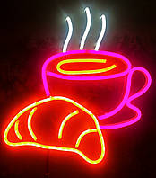 Світлодіодна неонова вивіска Чашка кави з круасаном 50 см х 56 см