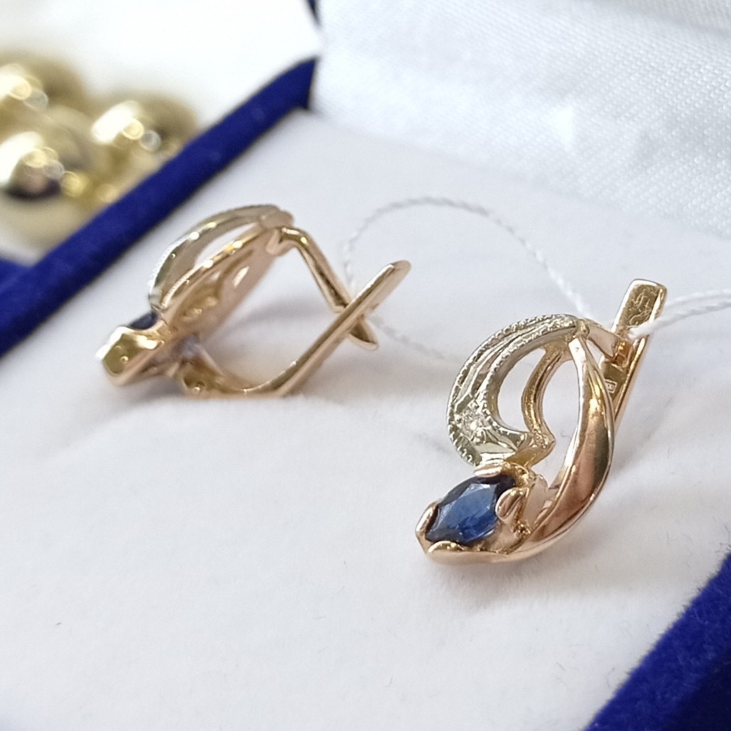 Золоті сережки з сапфіром та діамантами, фото 1