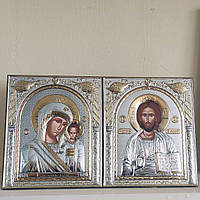 Венчальная пара икон Silver Axion Спасителя и Казанской Божьей Матери в серебре и золоте Размер 26x20