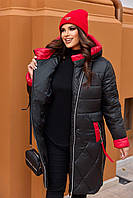 Женское зимнее стеганое длинное пальто с косой молнией большие размеры 54-66