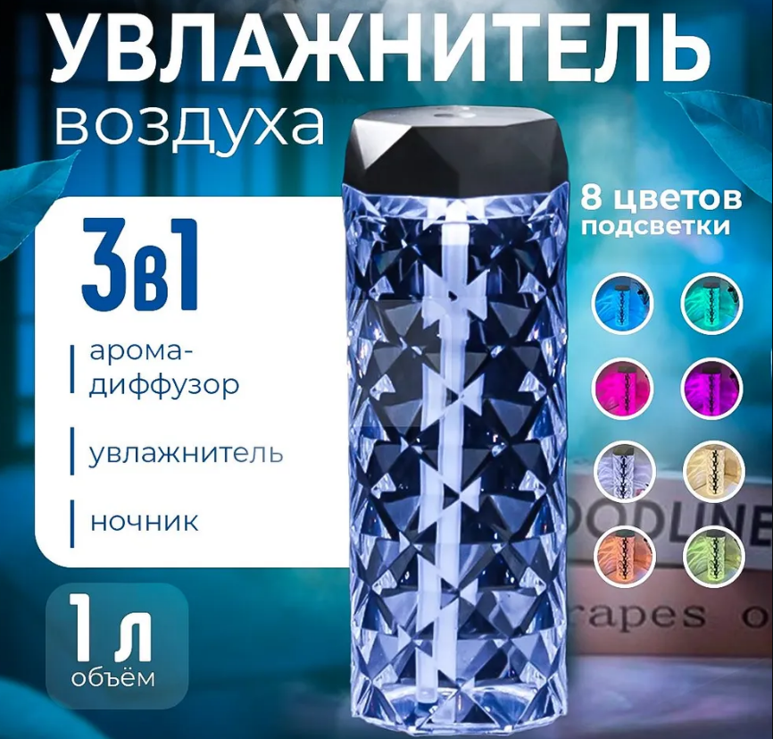 Зволожувач повітря ультразвуковий настільний з підсвіткою, аромадифузор для дому, 1 л
