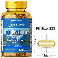 Жирні кислоти з вітаміном A і D Puritan's Pride Cod Liver Oil 1000 mg Vitamins A&D 120 капсул