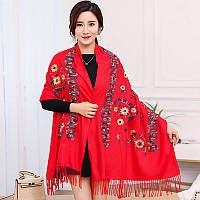 Кашеміровий шарф жіночий червоний палантин вишитий теплий 185*70 см