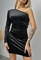 Женское платье мини бархат блестка короткое в обтяжку стильное подчеркивает фигуру один рукав черный