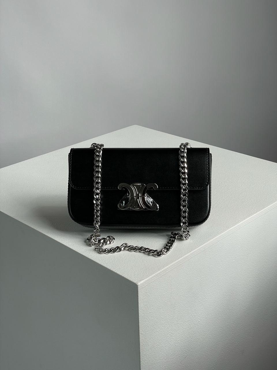 Жіноча сумка Celine Chain Shoulder Bag Claude In Shiny Calfskin Black/Silver (чорна) красива сумка KIS99196 vkross