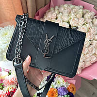 Женская мини сумочка клатч рептилия YSL черная Черный с темной фурнитурой Sensey Жіноча міні сумочка рептилія