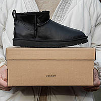 Женские стильные угги Ugg Ultra Mini Black Leather (черные) модная зимняя обувь 1634 Угги vkross