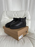 Женские стильные угги Ugg Ultra Mini Platform Black Leather (черные) модная зимняя обувь art0542 Угги cross