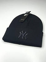 Зимова шапка NEW YORKER Чорна Висока (Лопата) З підворотом Вишитий логотип Тепла Вовняна Шерстяна