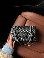 Женская сумка Chanel Black Silver (чёрная) маленькая сумочка на длинной декоративной цепочке AS220 тренд