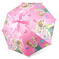 Зонтик трость полуавтомат для девочки с системой антиветер, Розовый с принтом "Холодное сердце"