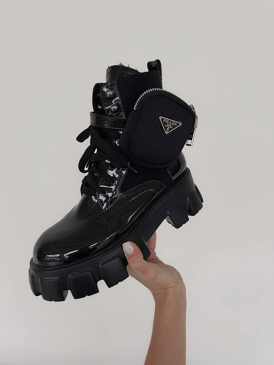 Женские зимние ботинки Prada Leather Boots Nylon Pouch Gloss Мех (черные) высокие модные ботинки PR004 Прада - фото 5 - id-p2054828374