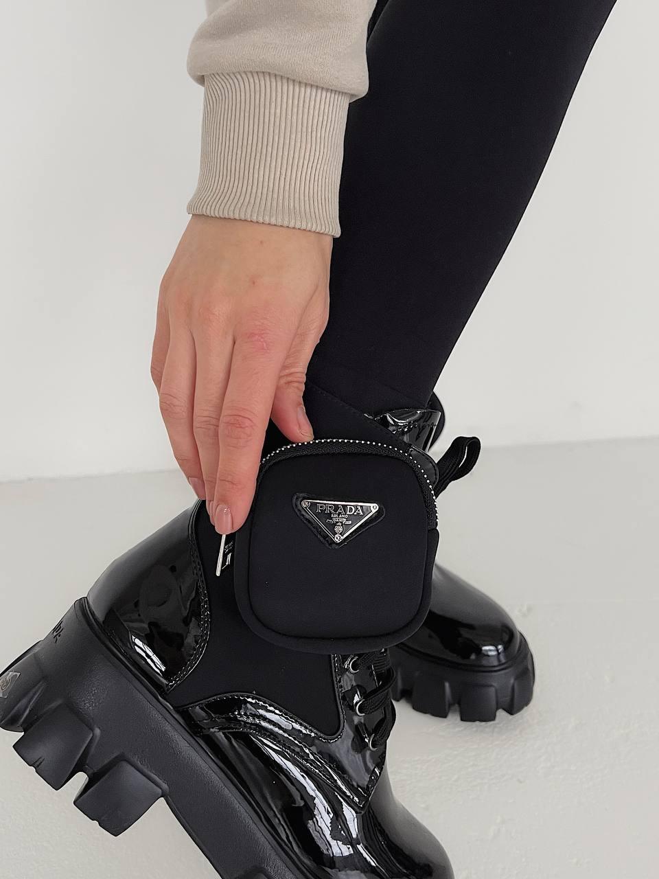 Женские зимние ботинки Prada Leather Boots Nylon Pouch Gloss Мех (черные) высокие модные ботинки PR004 Прада - фото 7 - id-p2054828374