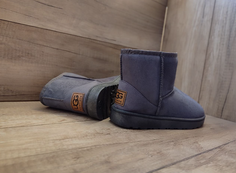 UGG СЕРЫЕ угги экозамшевые с РЫЖЕЙ лейбл на пяточке короткие (h=16 см) на плоской подошве.унисекс, фото 3