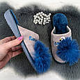 Тапочки жіночі домашні Белста сірі з синім помпоном Фламінго 2728, фото 5