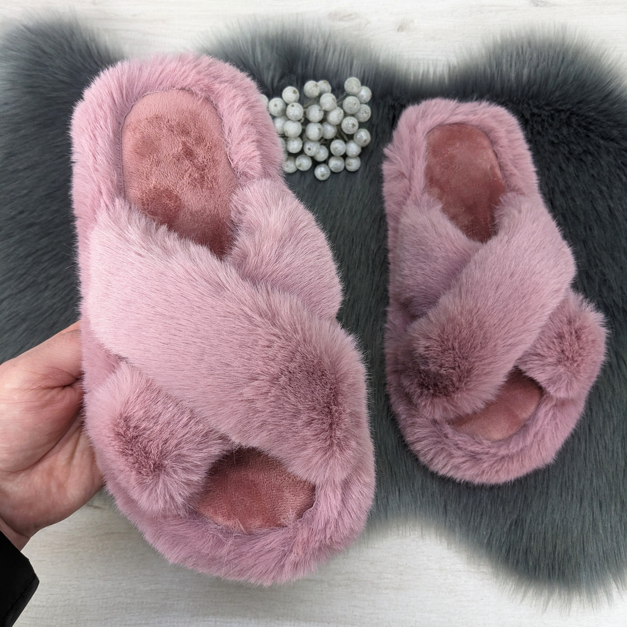 Капці жіночі хутряні пудрові штучне хутро Fangre 4356, фото 1