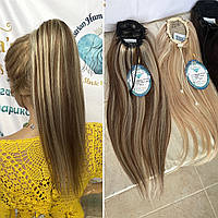 Натуральный накладной хвост шиньон на резинке славянский детский волос блонд пепел 53 см