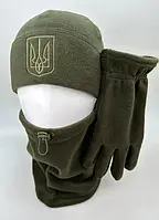 Зимний комплект : Шапка, бафф, перчатки - флис, термо ( олива )