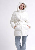 Женская актуальная молодежная зимняя куртка оверсайз молочного цвета, пояс , капюшон, эко пух