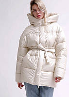 Женская бежевая актуальная молодежная зимняя куртка пуховик оверсайз на еко пухе