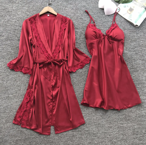 Комплект домашній халат атласний + нічна сорочка Червоний Розмір М