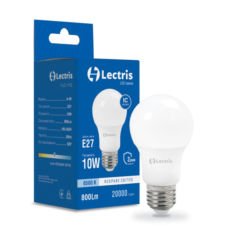 Лампочка світлодіодна Lectris Led 1-LC-1110 А60 10W 6500K 220V E27