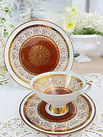 Немецкая чайная тройка, чайная чашка, блюдце, тарелка, Gebrüder Winterling A.G, Германия, фарфор, позолота