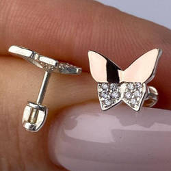 Срібні сережки-пусети з золотими накладками з фіанітами в формі метеликів РН-587