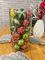 Набір новорічних іграшок (24 шт.). Куля 6 см. Колір — червоний, зелений, салатовий, золото