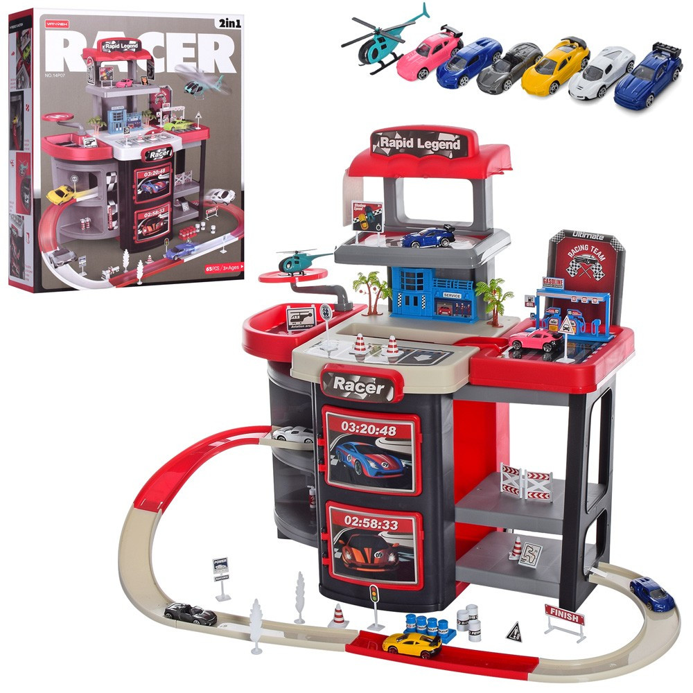 Дитячий ігровий набір Гараж 3 рівня складається у валізу 65 предметів машинки 7 см гвинтокрил паркінг 14P07, фото 1