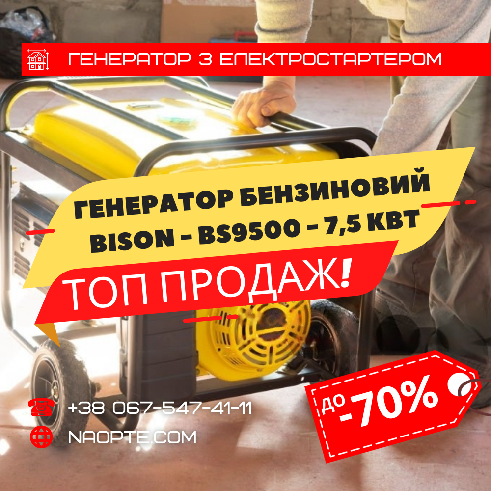 Генератор бензиновий Bison BS9500 7.5 - 8 кВт з електростартером, фото 1