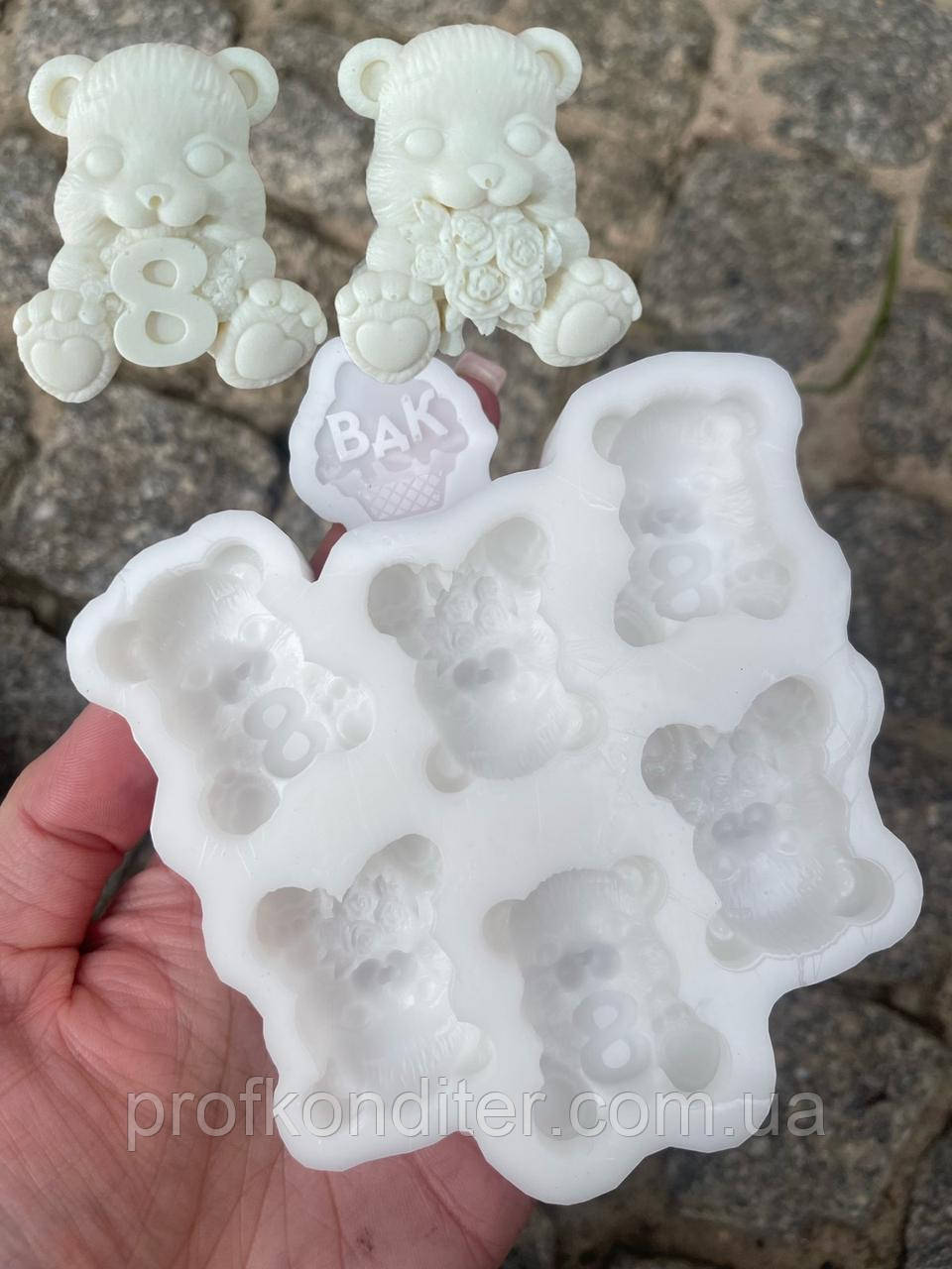 Ексклюзив! Силіконовий молд для шоколаду та ін "Ведмежата з 8-кою та з букетом", фото 1