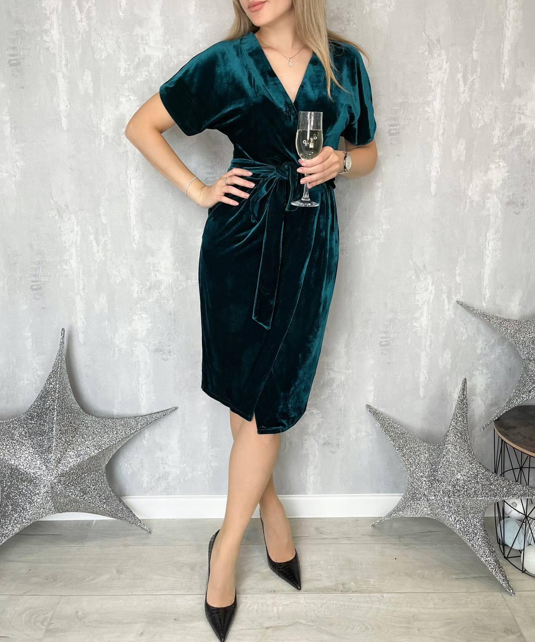 Оксамитове вечірнє плаття з імітацією заходу з поясом, фото 1