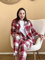 Теплая женская пижама фланелевая штаны+рубашка клетка красно-белая Cosy