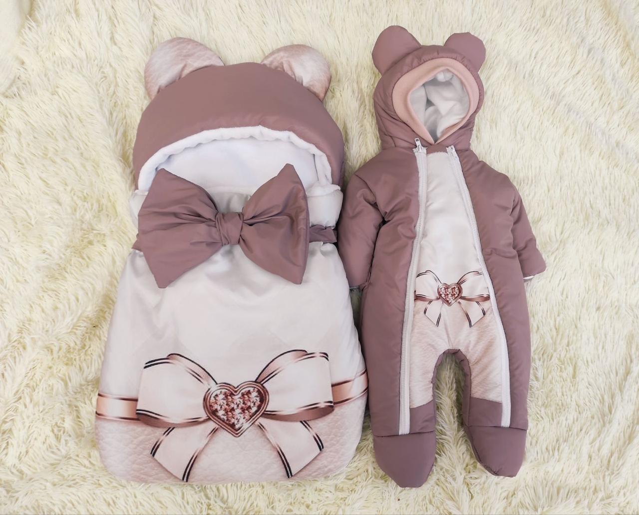 Теплий комплект для новонароджених дівчаток, принт бант, фото 1