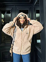 Женская теплая кофта-худи из меха Тедди с капюшоном и карманом кенгуру на молнии размеры 44-56